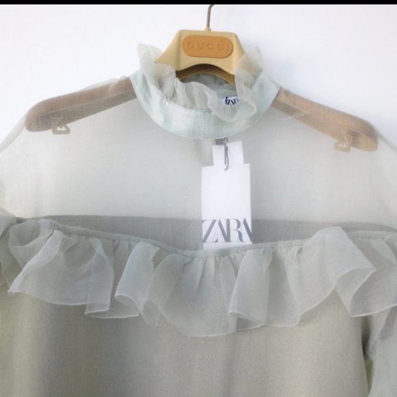 🆕ZARA | Organza Knit Top Sea Foam Green Ruffle Sheer Sweater Top Size Large - Picture 8 of 16